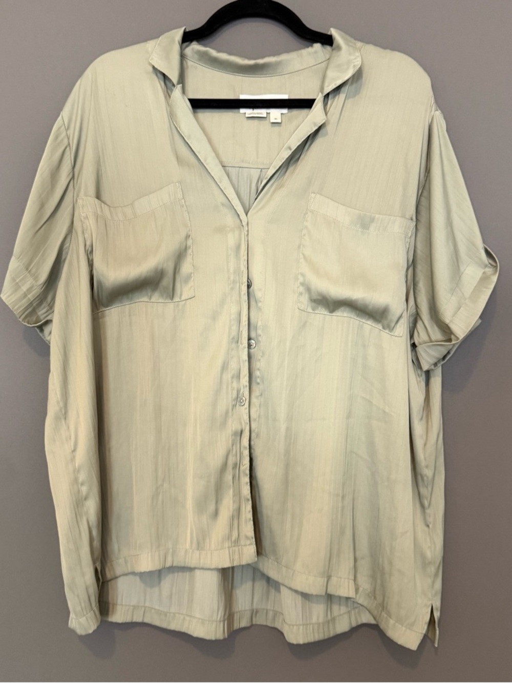 Anthropologie Iridescent Button Front Blouse Short Sleeve Top Sage Green XL